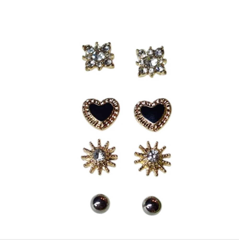 4pc JC Penny gold plated and rhinestone studs Heart earring set